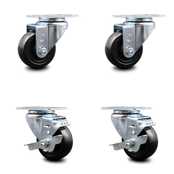 3 Inch Hard Rubber Wheel Swivel Top Plate Caster Set with 2 Brakes SCC